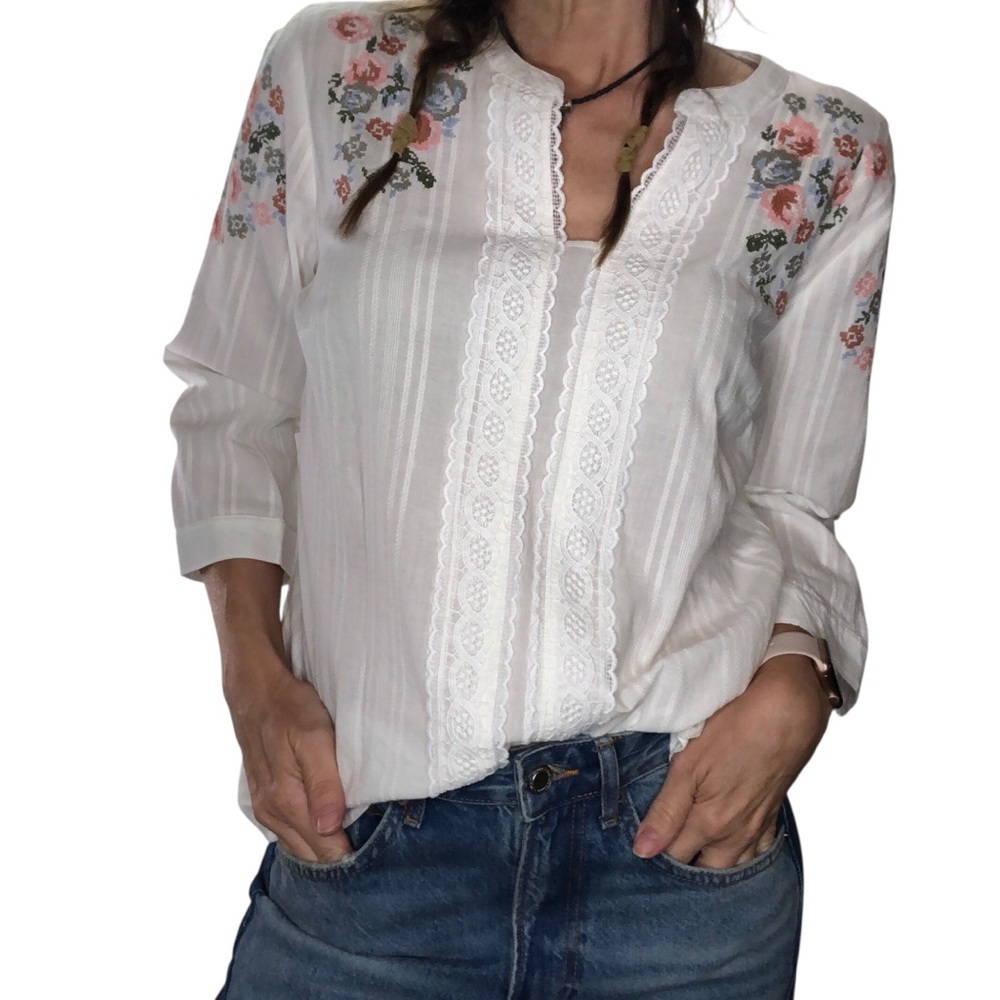Westport L Blouse Top Cotton Crochet Needlepoint Floral Crochet Boho 3/4 Sleeve - Picture 5 of 8